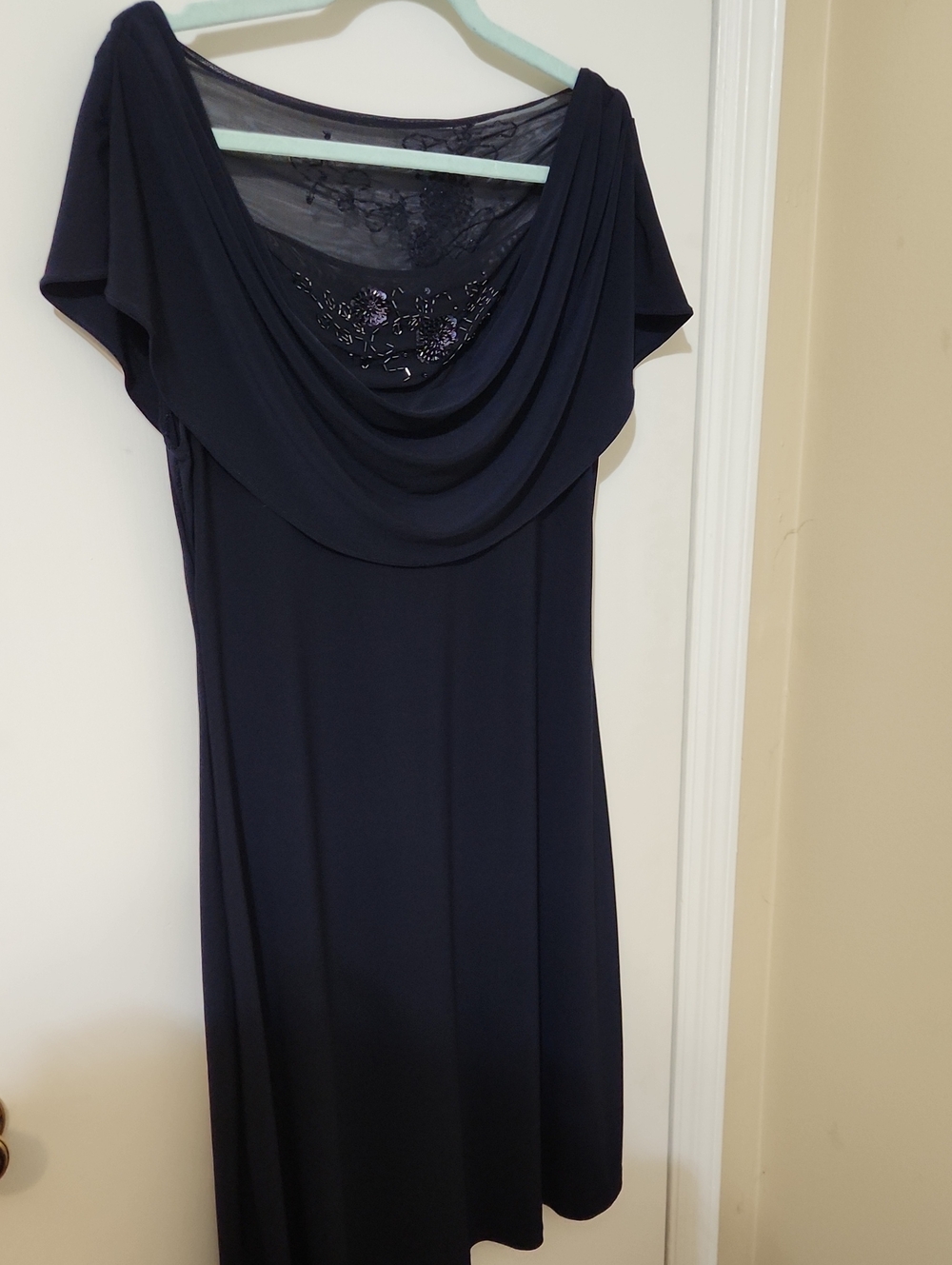 connected apparel Navy Cowl Neck Midi Dress with Lace Yoke